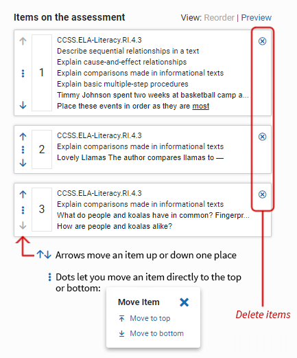 The controls shown on three items: arrows for sorting on the left, Xs for deleting items on the right.