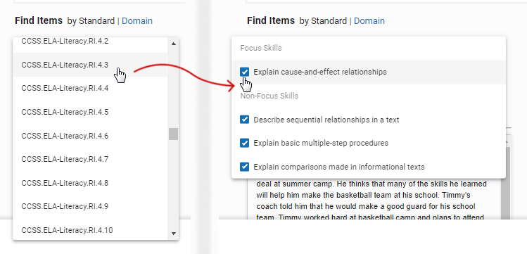 A domain has been selected on the left; a list of related skills (focus and non-focus) is shown on the right.