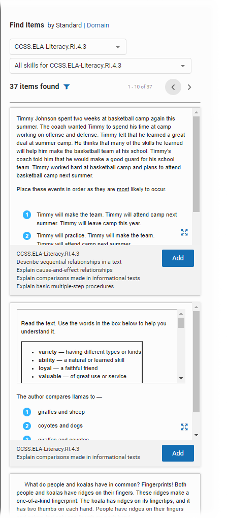 A list of items that match the chosen domain and skills. Each item has an Add button below it.