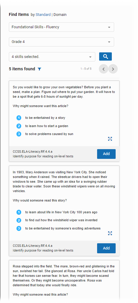 A list of items that match the chosen standard, grade, and skills. Each item has an Add button below it.