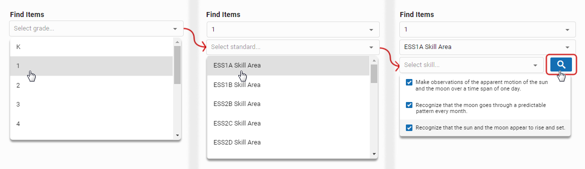 A selection flow: the chosen grade, which leads to choosing skill areas, which leads to finding skills.