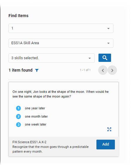 A list of items that match the chosen grade, skill area, and skills. Each item has an Add button below it.