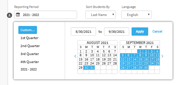 The user has chosen to select custom dates. A pop-up calendar is open, allowing the user to choose the dates. The dates can also be entered in the fields above the calendar. The Apply and Cancel buttons are in the upper-right corner of the pop-up window.