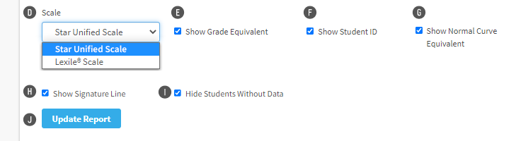 The Scale drop-down list, and all the checkboxes described below. The Update Report button is below them.