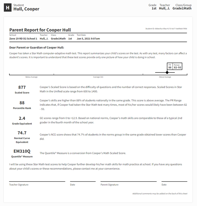 An example report. The results of a student's Star Math assessment is shown, with all the related scores and explanations of what they mean. The student's Percentile Rank is compared to national averages on a scale at the top. There are signature and date lines at the bottom.