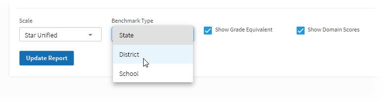 The Benchmark Type drop-down list, and the checkboxes described below. The Update Report button is below them.