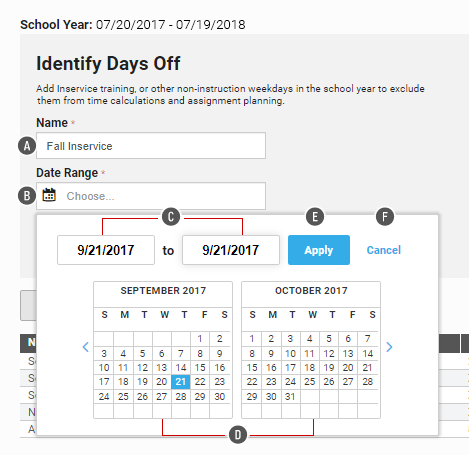 The user has entered a name for the days off, and is about to enter the date range. A pop-up calendar is open, allowing the user to choose the dates. The dates can also be entered in the fields above the calendar. The Apply and Cancel buttons are in the upper-right corner of the pop-up window.