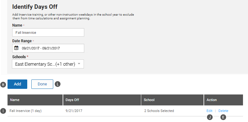 The table showing the added days off, including the name given to the days, the day or date range, and the number of schools the days off apply to. The Edit and Delete links are at the end of the row.