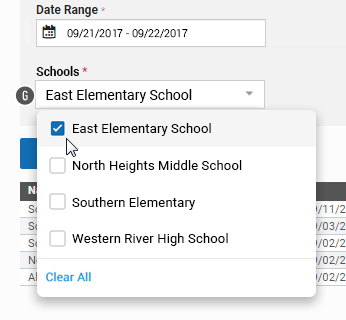 In the Schools drop-down list, check the schools you want to apply the days off to. Use the Clear All link at the bottom of the list to de-select all the schools at once.