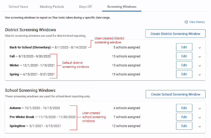 Four district screening windows and three school screening windows are shown. One district screening window was created by the user; the other three are the default district screening windows. All three of the school screening windows were created by the user. Each window shows the dates and the number of schools the window is assigned to.