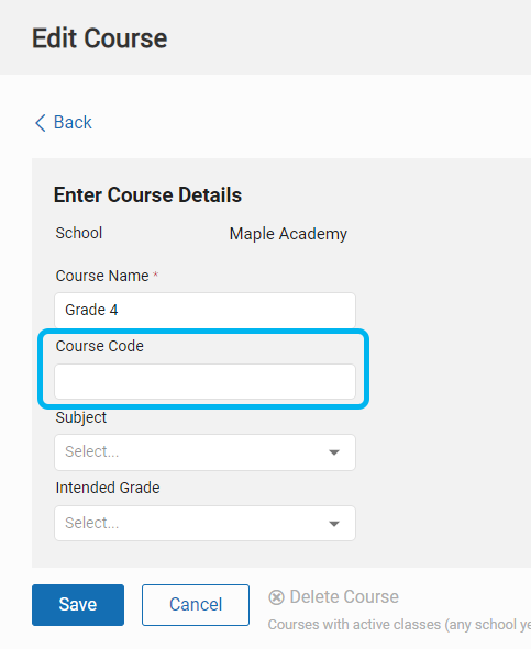 the Course Code field on the Edit Course page