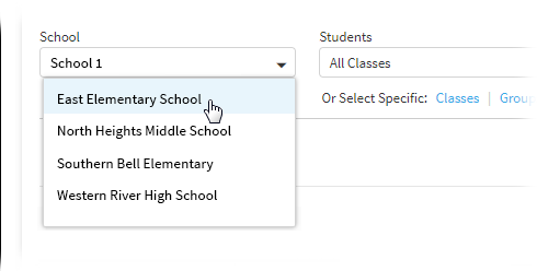 One school being selected from the School drop-down list.