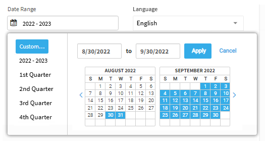 The user has chosen to select custom dates. A pop-up calendar is open, allowing the user to choose the dates. The dates can also be entered in the fields above the calendar. The Apply and Cancel buttons are in the upper-right corner of the pop-up window.