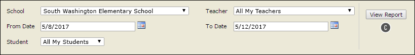 An array of drop-down lists with a number of options selected: school, teacher, two dates that define the testing date range, and students. The View Report button is on the right.