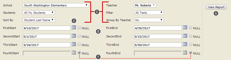 An array of drop-down lists with various options selected: a school, teacher, and students; filtering, sorting, and grouping options; and three date ranges. A fourth date range has been removed by selecting the 'null' option next to the fields. The View Report button is on the right.