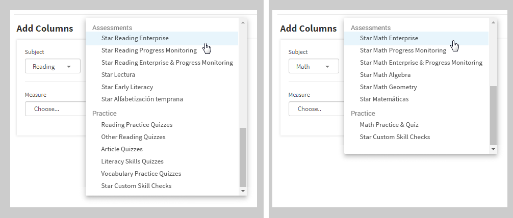 On the left, with Reading as the selected subject, there are six assessments and six practices that can be selected as the Assignment Type. On the right, with Math as the selected subject, there are six assessments and two practices that can be selected as the Assignment Type.