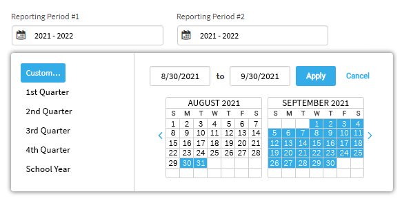 The user has chosen to select custom dates. A pop-up calendar is open, allowing the user to choose the dates. The dates can also be entered in the fields above the calendar. The Apply and Cancel buttons are in the upper-right corner of the pop-up window.