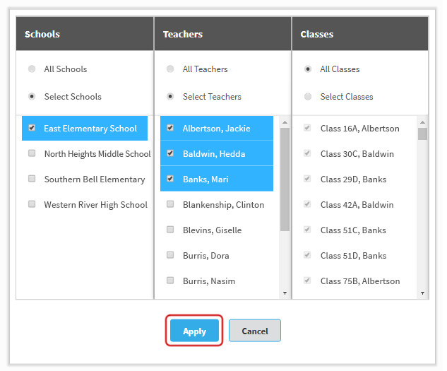 One school, three teachers, and all classes have been selected. The Apply and Cancel buttons are at the bottom.