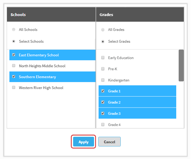 In this example, two schools and three grades have been selected. The Apply and Cancel buttons are at the bottom.