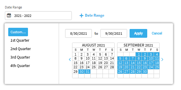 The user has chosen to select custom dates. A pop-up calendar is open, allowing the user to choose the dates. The dates can also be entered in the fields above the calendar. The Apply and Cancel buttons are in the upper-right corner of the pop-up window.