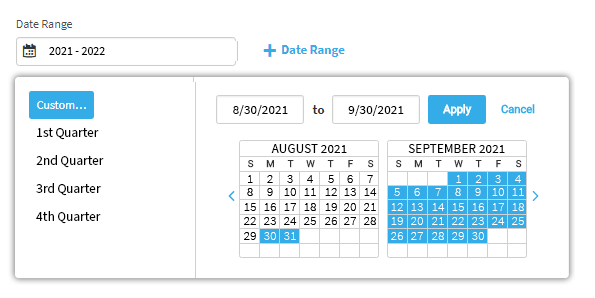 The user has chosen to select custom dates. A pop-up calendar is open, allowing the user to choose the dates. The dates can also be entered in the fields above the calendar. The Apply and Cancel buttons are in the upper-right corner of the pop-up window.