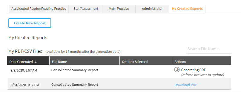 A list of reports: one is complete, the other is still being generated. The completed report has a Download PDF link after it.