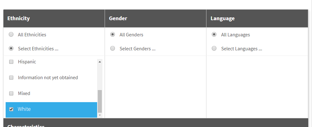 The Ethnicity, Gender, and Language filters.