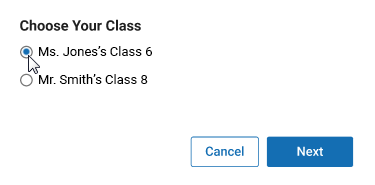 The Choose Your Class window, with two classes shown; the first one has been selected. The Cancel and Next buttons are at the bottom.