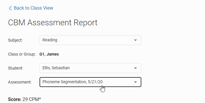 use the drop-down lists to change the subject, student, or assessment