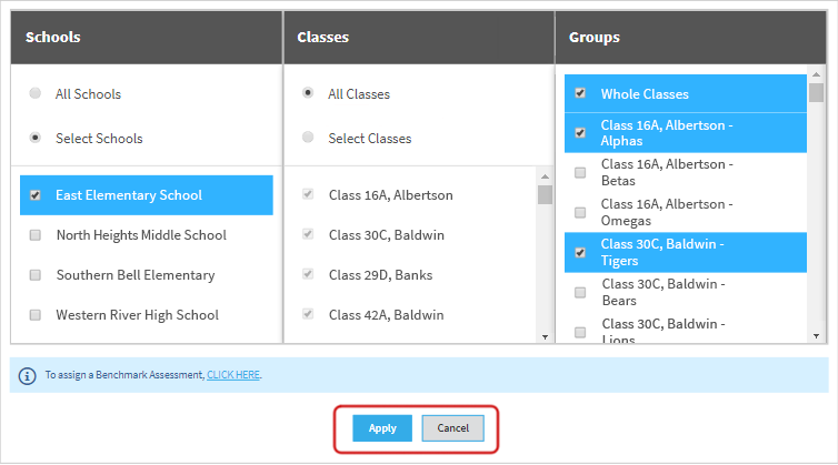 A single school has been selected in the Schools column, and 'All Classes' has been selected in the Classes column. In the Groups column, three selections have been made: Whole Classes, and a specific group in two different classes. The Apply and Cancel buttons are at the bottom.