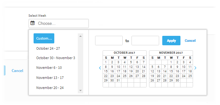 The user has chosen to select custom start and end dates for the timeframe. A pop-up calendar is open, allowing the user to choose the dates. The dates can also be entered in the fields above the calendar. The Apply and Cancel buttons are in the upper-right corner of the pop-up window.