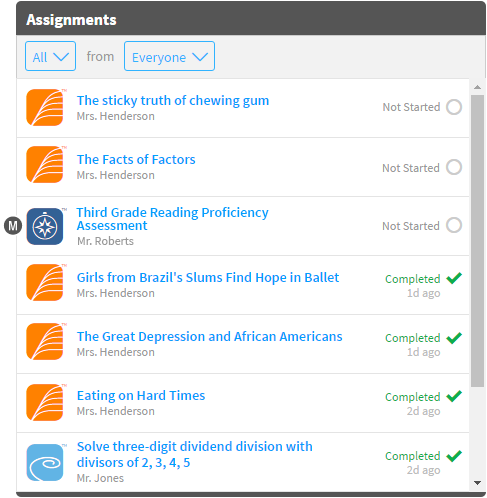 A student assignment list. The student has used the drop-down lists at the top to view all assignments from everyone. The Third Grade Reading Proficiency Assessment is ready for the student.