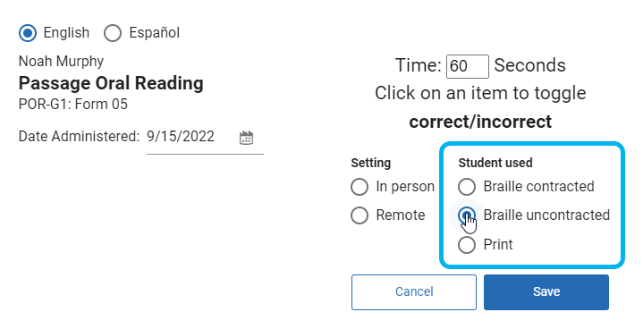 example of the Student Used options for a reading assessment