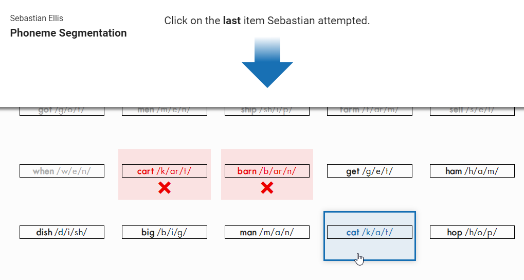 select the last item that the student answered