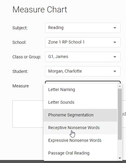 use the drop-down lists to change the subject, school, class or group, student, or measure