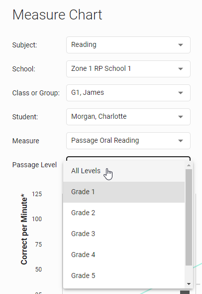 for Passage Oral Reading, you can also select the grade level