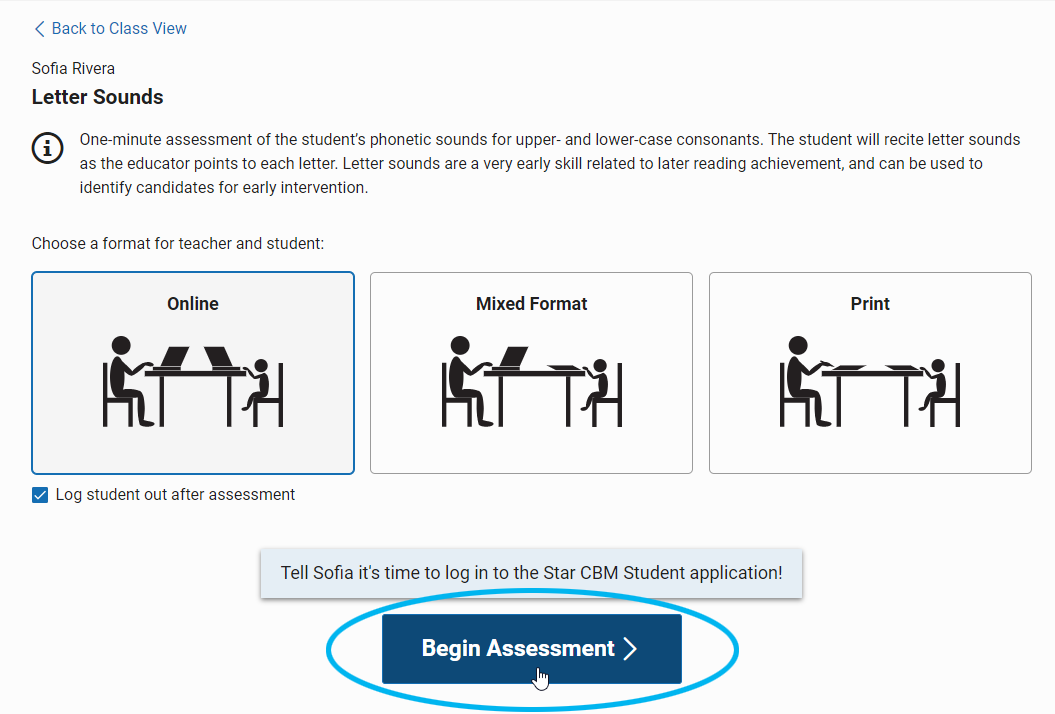 after selecting Online, select Begin Assessment