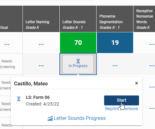 on the CBM English Assessments tab, select In Progress, then Start