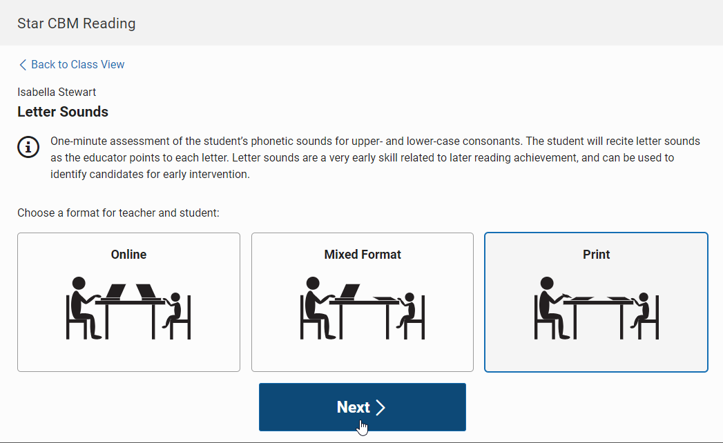 on the CBM English Assessments tab, select In Progress, then Start