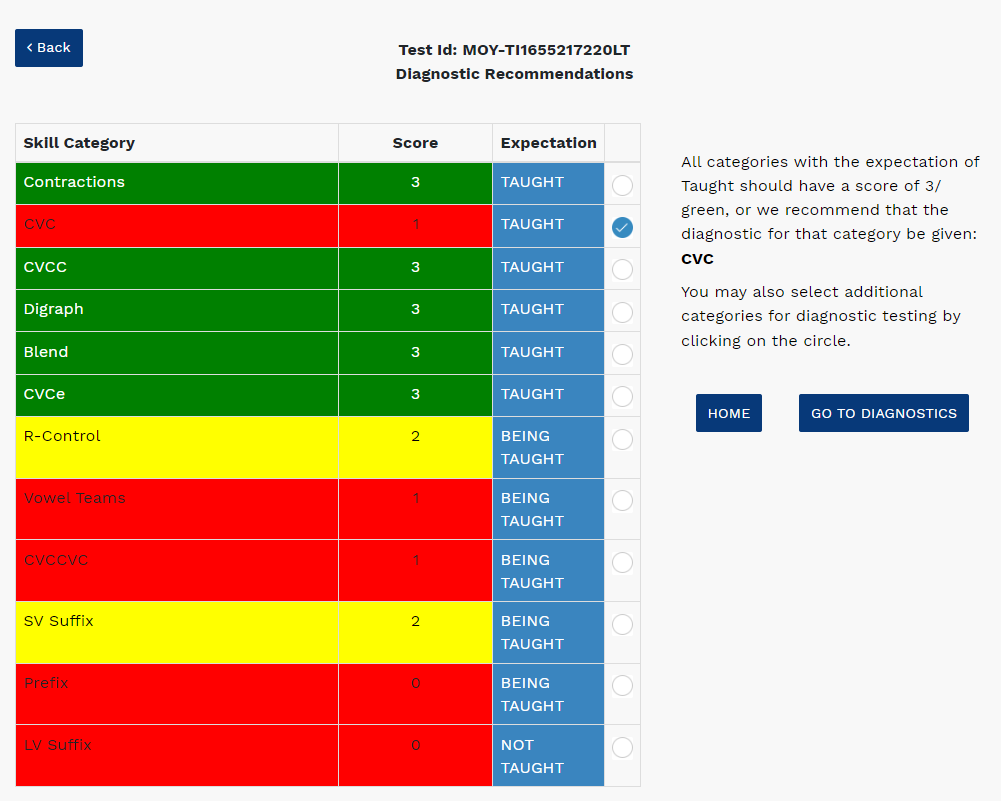 example of the Screener Diagnostic Recommendations