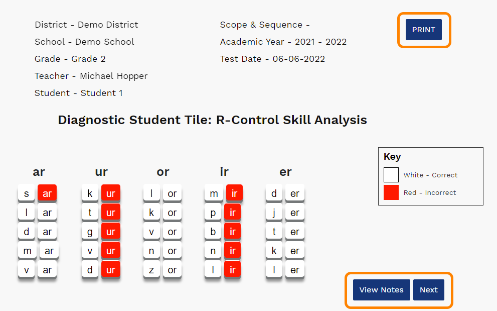 example of the Diagnostic Student Tile Report
