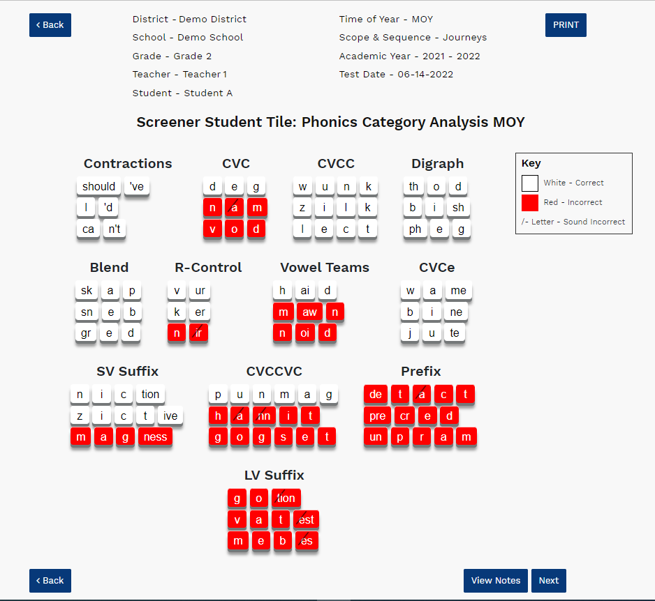example of the Screener Student Tile Report