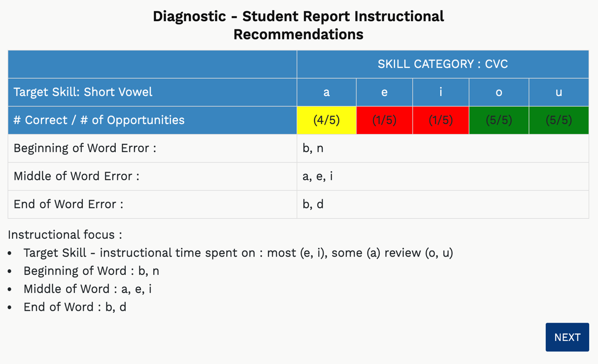 example of the Diagnostic Student Instructional Recommendations
