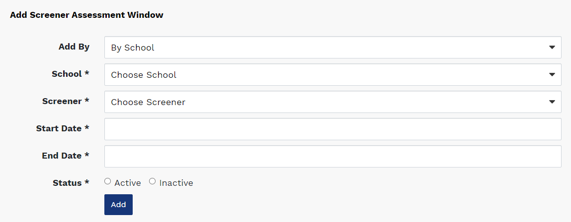 the Add Screener Assessment Window page