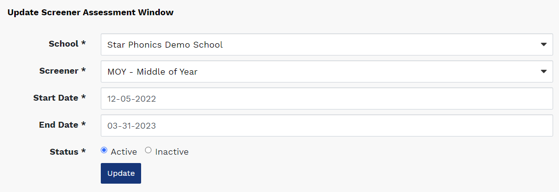 the Update Screener Assessment Window page