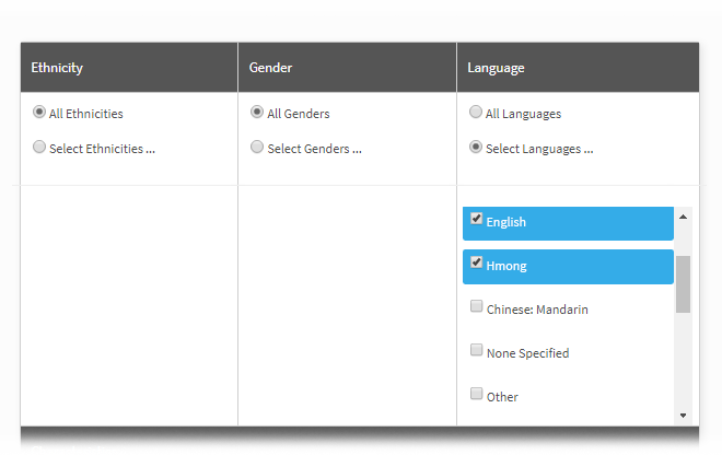 All ethnicities, all genders, and two languages (English and Hmong) have been selected.