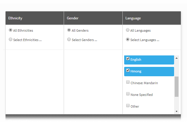 All ethnicities, all genders, and two languages (English and Hmong) have been selected.