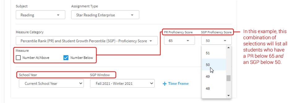 The Proficiency Score, SGP Proficiency Score, Measure, and School Year/SGP Window options, based on the Measure Category chosen.