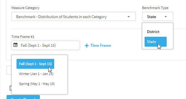 With Benchmark - Distribution of Students in Each Category chosen as the Measure Category, the user is able to select a Benchmark Type and Time Frame (State for the former, Fall for the latter).