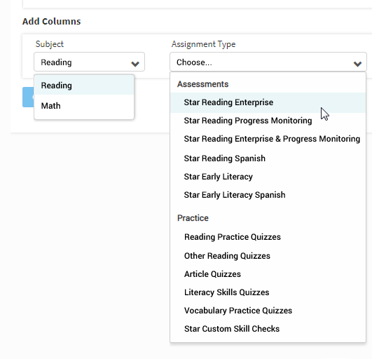 The Add Columns section. Reading is being chosen as the Subject, and Star Reading Enterprise as the Assignment Type.